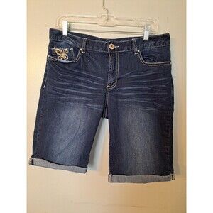 Rhythm & Blues Fleur de Lis Bermuda Womens Sz 12 Dark Blue Denim Jean Shorts